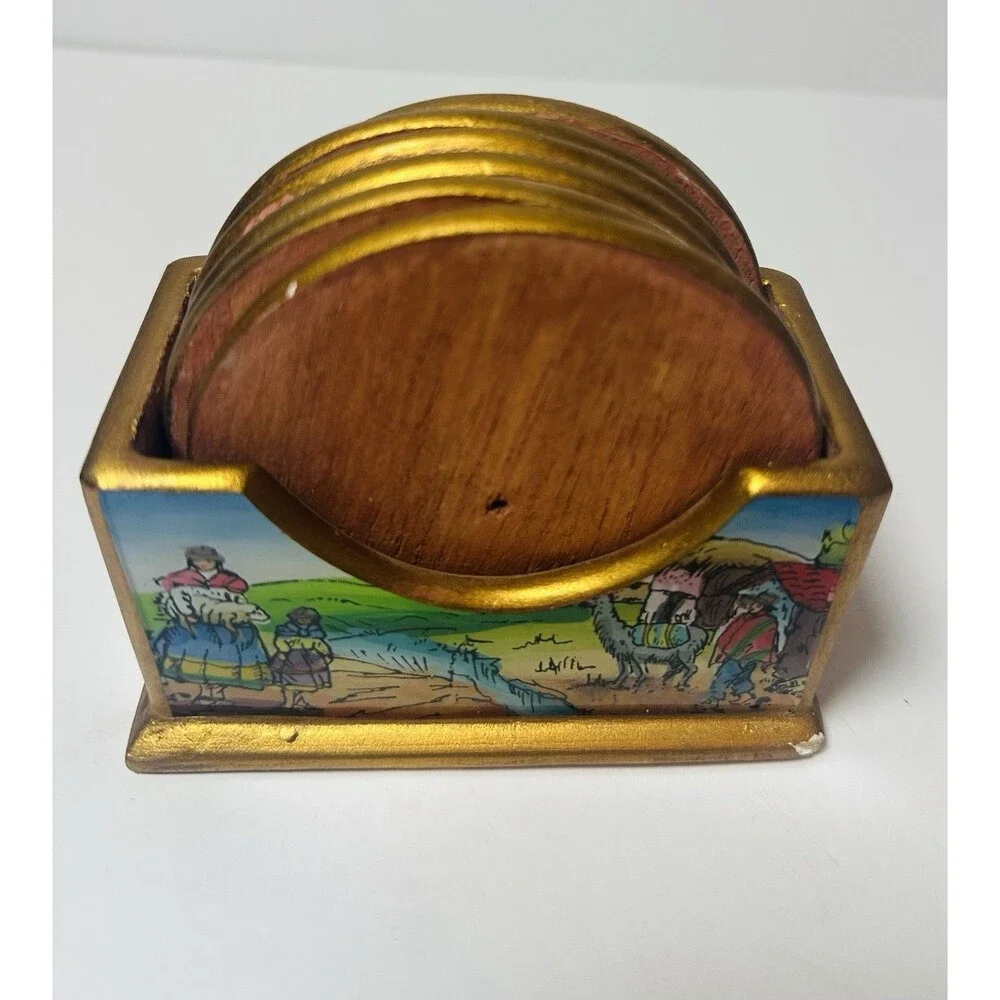 Peru Reverse Painted Glass & Wood Coasters Village Folk Art  Set of 6 w/ Holder